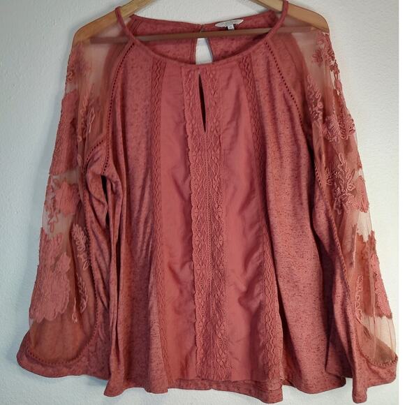 Lucky Brand Dusty Cedar Long Sleeve Round Keyhole Neck Embroidered Blouse XS - Picture 1 of 11